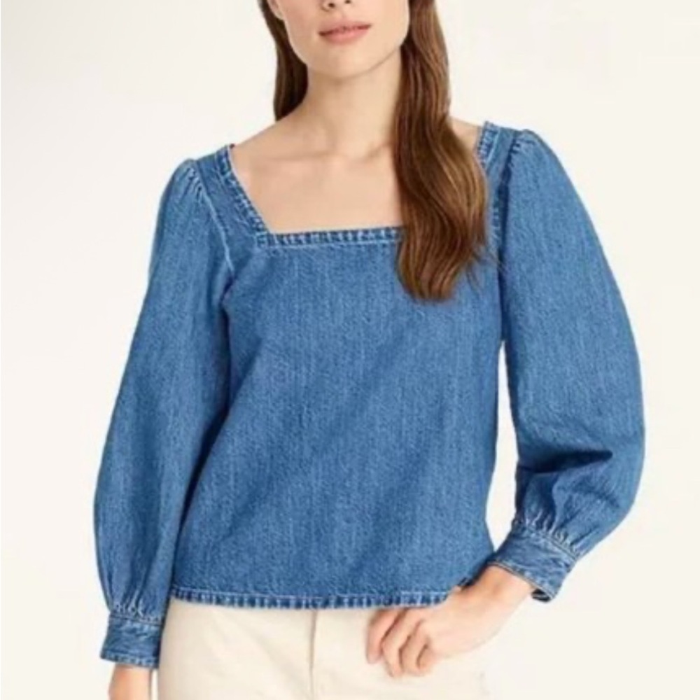 NWOT J.Crew Squareneck Denim Blouse Cottage Core Minimalist Parisian Style S